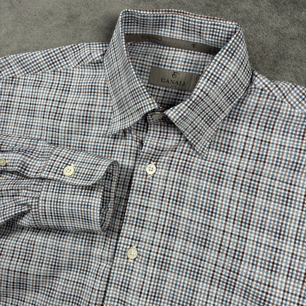 Canali Shirt Mens M Blue Plaid Button-Up 100% Cotton Italy Dress Casual